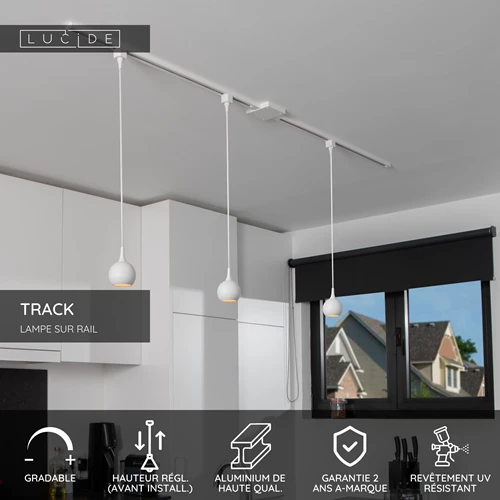 Lucide TRACK FAVORI Suspension - Système de rail monophasé / Éclairage sur rail - 1xGU10 - Blanc (Extension) - USP
